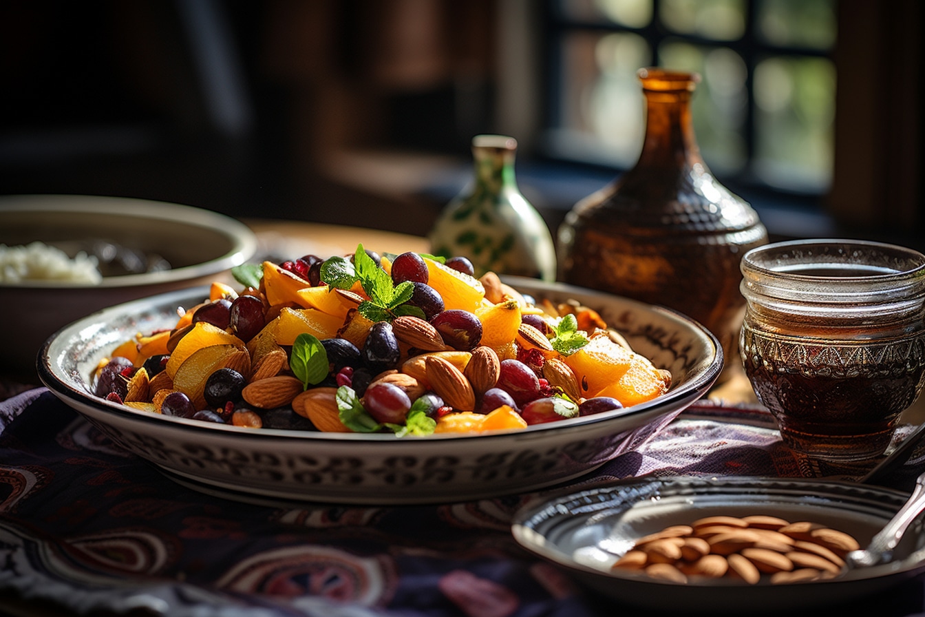 Servir le tajine marocain aux pruneaux et amandes